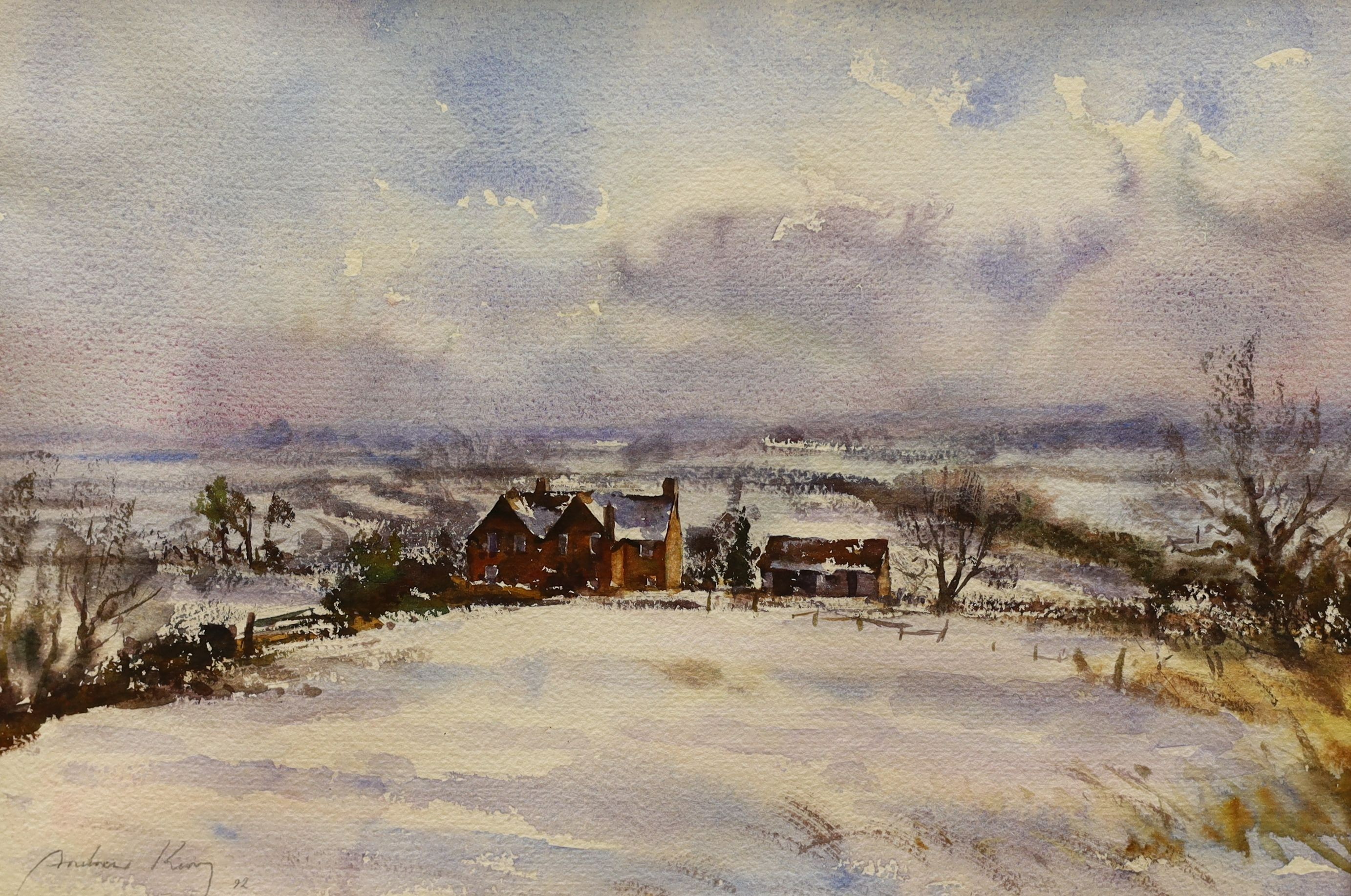 Andrew King ROI (1956-), watercolour, 'Under snow, Hillfoot Farm, Bedfordshire', signed and dated '92, 24 x 36cm
